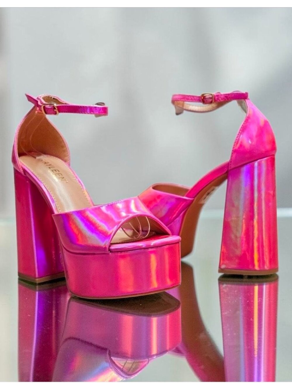 Iridescent Pink Platform Block Heel Sandals With Ankle Strap - Womens Statement - Picture 4 of 15